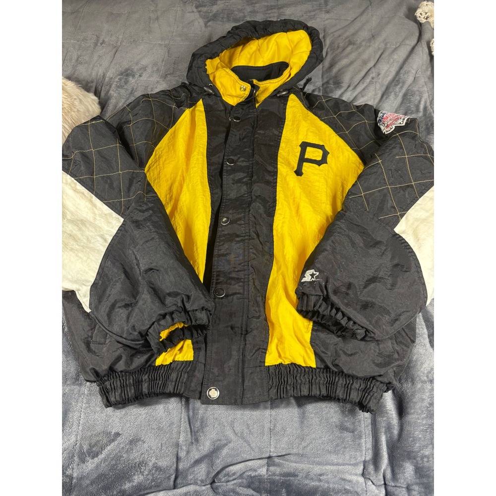 Vintage Starter Pittsburgh Pirates MLB Puffer Jacket Mens XL Black Yellow Hooded